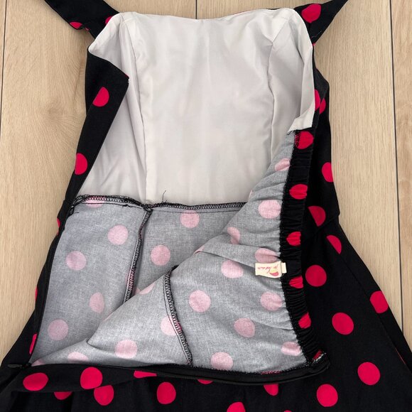 Feldie Black & Hot Pink Polka-Dot 1950s Inspired Halter Skater Style Dress Small - Picture 3 of 15